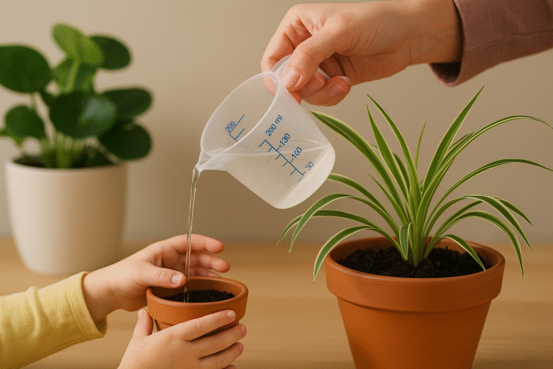Regando plantas com copo dosador